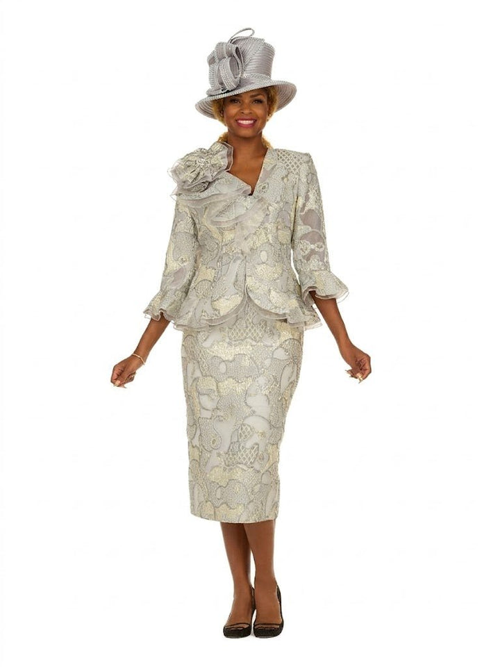 Metallic Brocade 3pc Suit w/ Organza Ruffle Jkt - Especially Yours