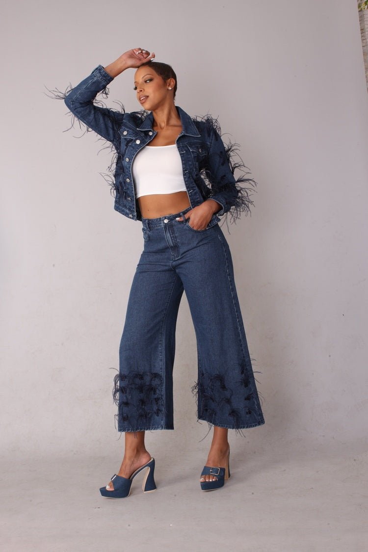 Feather Trim Wide Leg Jeans - 82304 - Especially Yours
