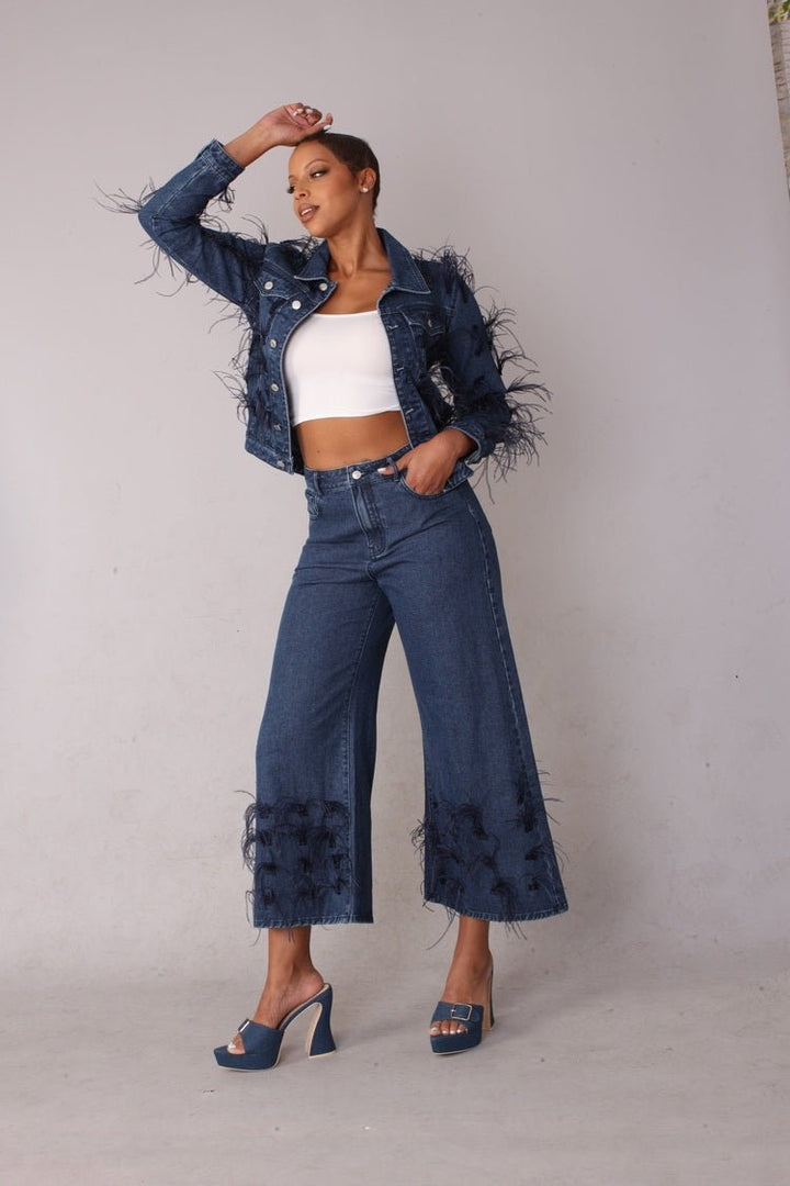 Feather Trim Wide Leg Jeans - 82304 - Especially Yours