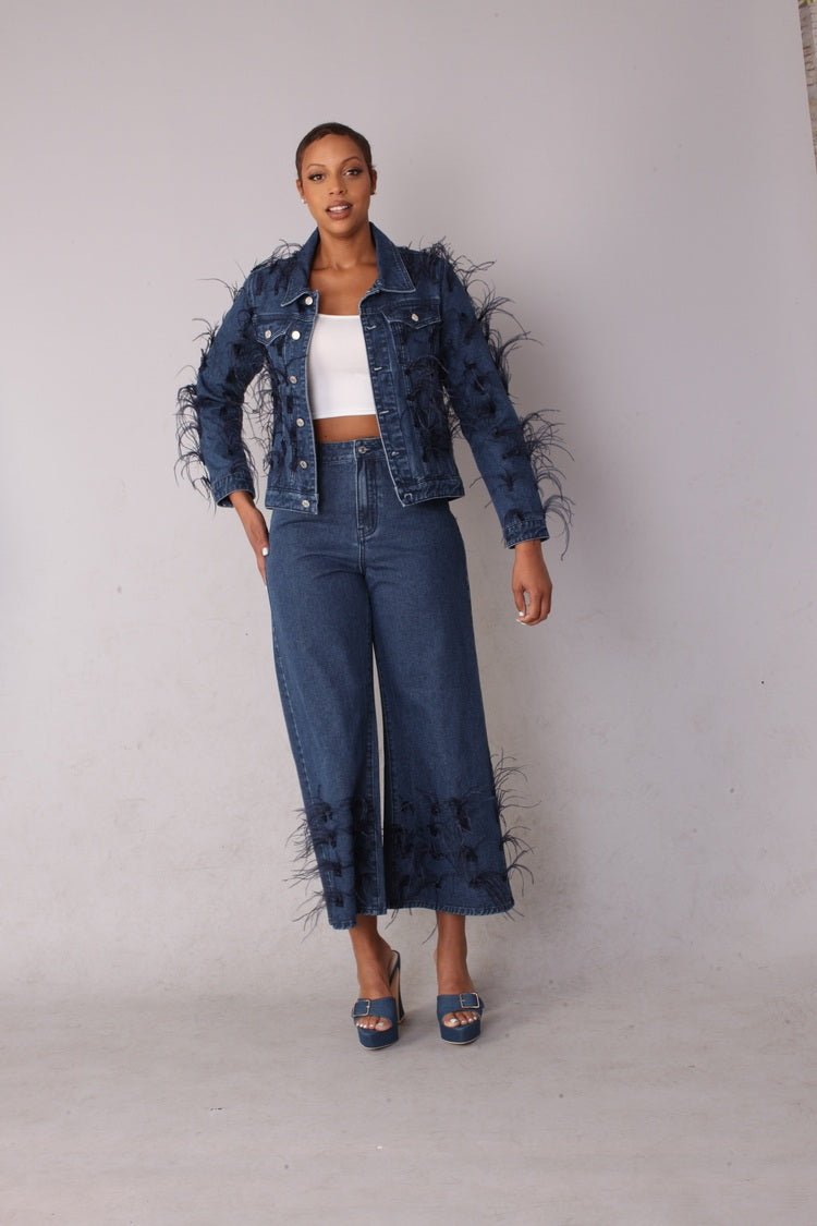Feather Trim Wide Leg Jeans - 82304 - Especially Yours