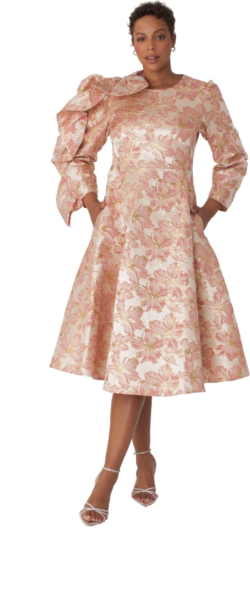 Floral Fit & Flare Dress -9724 PEACH / GOLD / 10 Floral Fit & Flare Dress -9724 PEACH / GOLD / 10