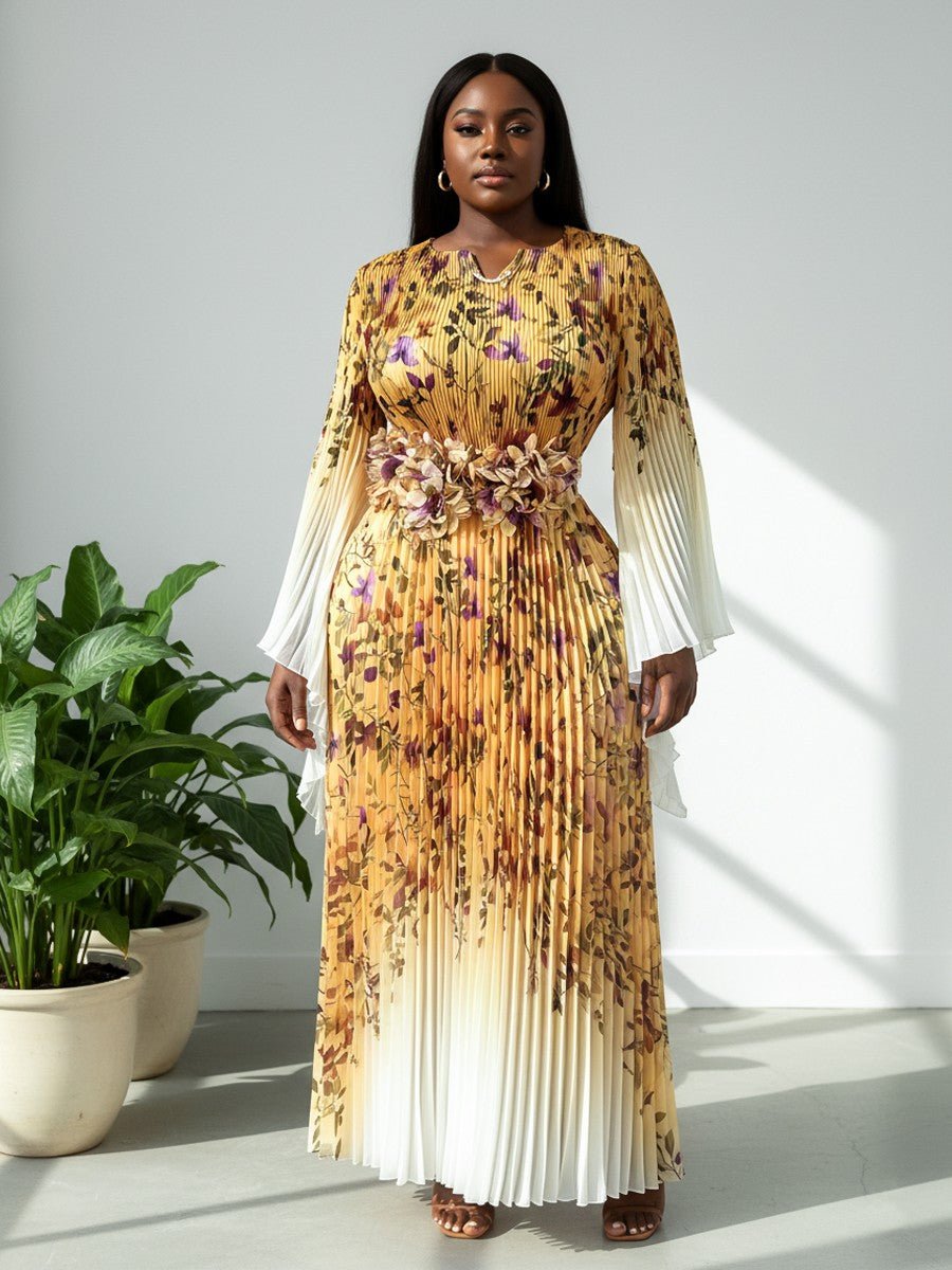 Floral Pleated Maxi Dress with Statement Waist - 83002 - Especially Yours