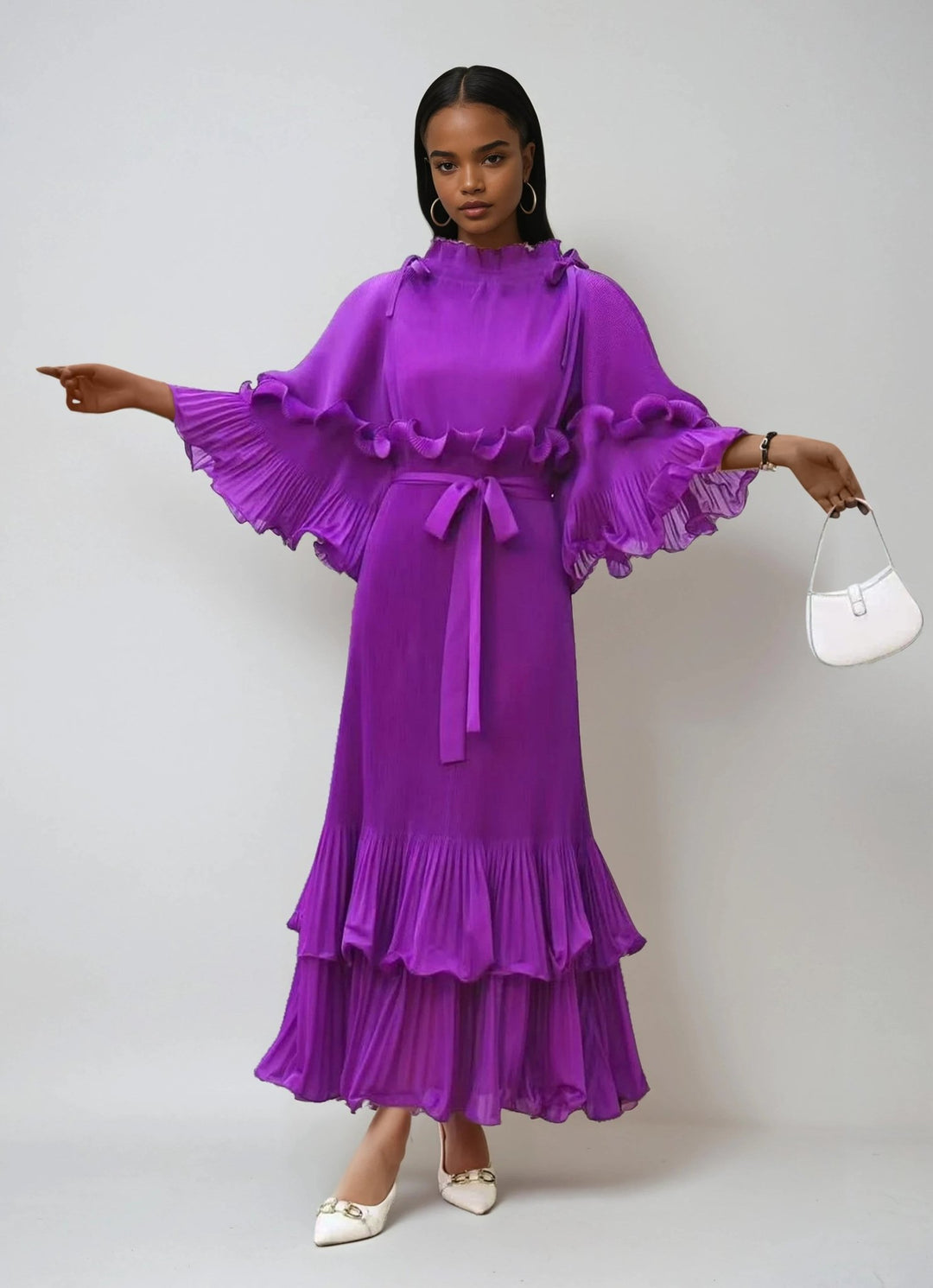 Pleated Ruffle Sleeve Maxi Dress - 82949 Pleated Ruffle Sleeve Maxi Dress - 82949