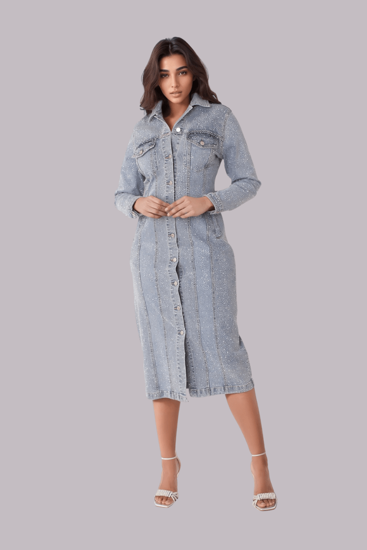 Rhinestone Denim Midi Dress - 82388 - Especially Yours