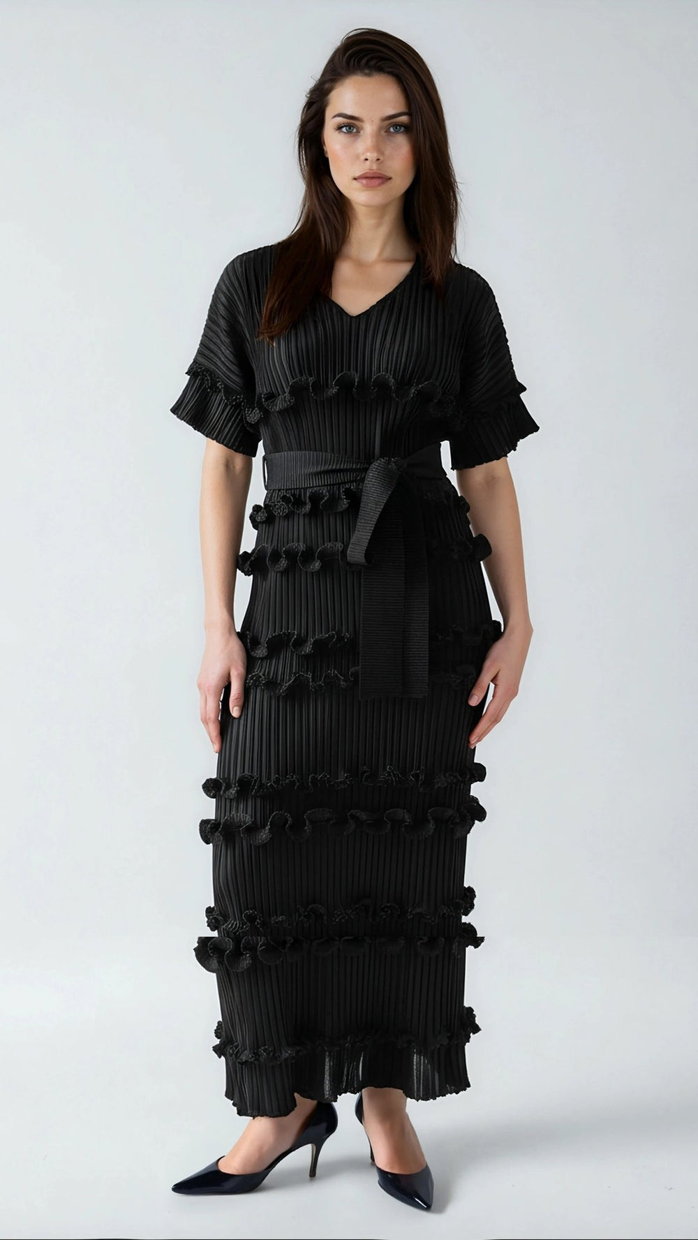 Ruffled Pleated Maxi Dress with Waist Tie - 82948 - Especially Yours