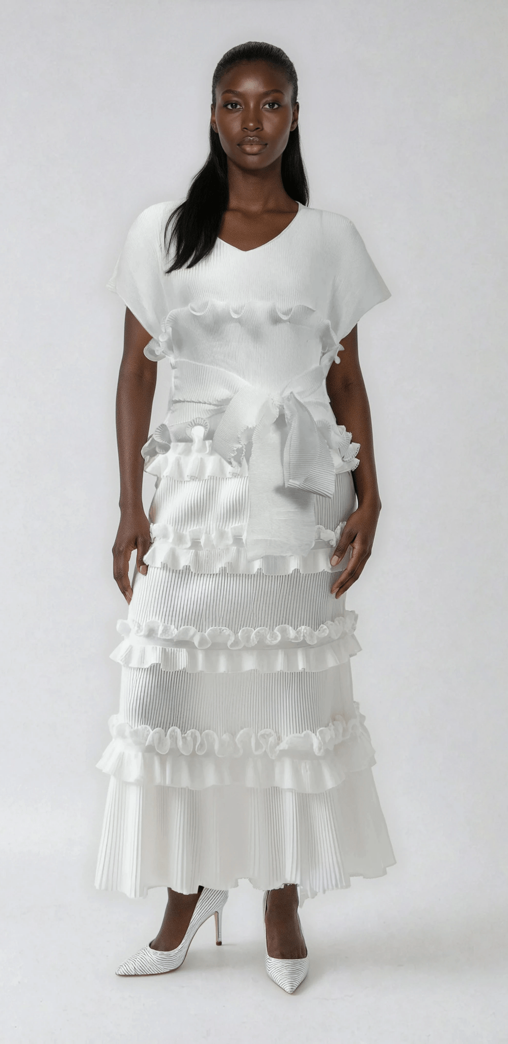 Ruffled Pleated Maxi Dress with Waist Tie - 82948