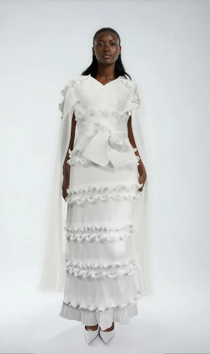 Ruffled Pleated Maxi Dress with Scarf - 82947 - Especially Yours