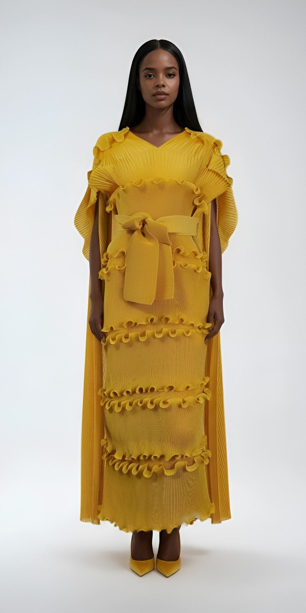 Ruffled Pleated Maxi Dress with Scarf - 82947 - Especially Yours