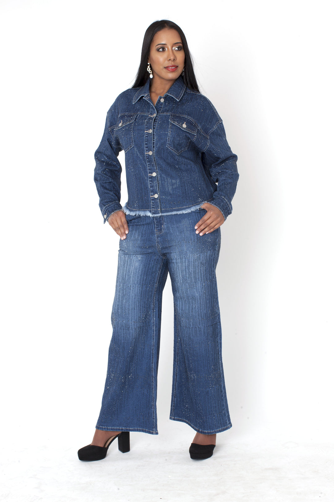 Glitter-Effect Flared Denim Pants - 82955