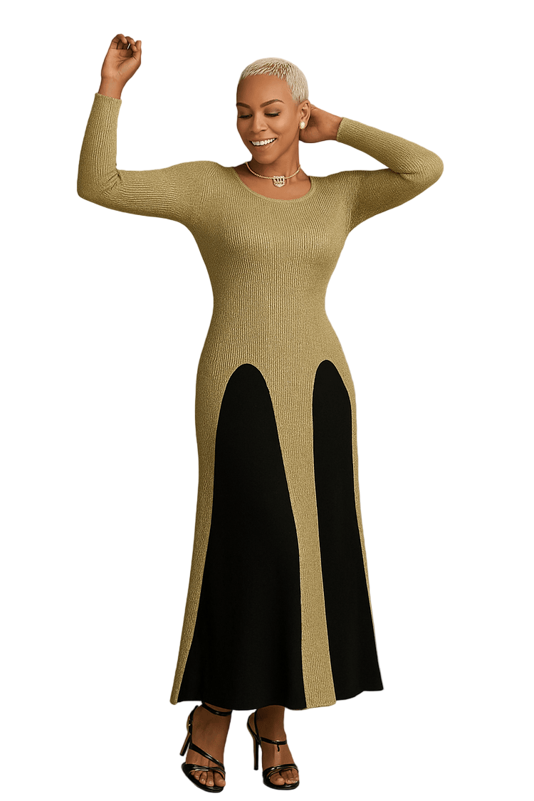 Two-Piece Long Knit Dress with Sheer Overlay- 5165 - Especially Yours GOLD/BLACK / 22 Two-Piece Long Knit Dress with Sheer Overlay- 5165 - Especially Yours GOLD/BLACK / 22