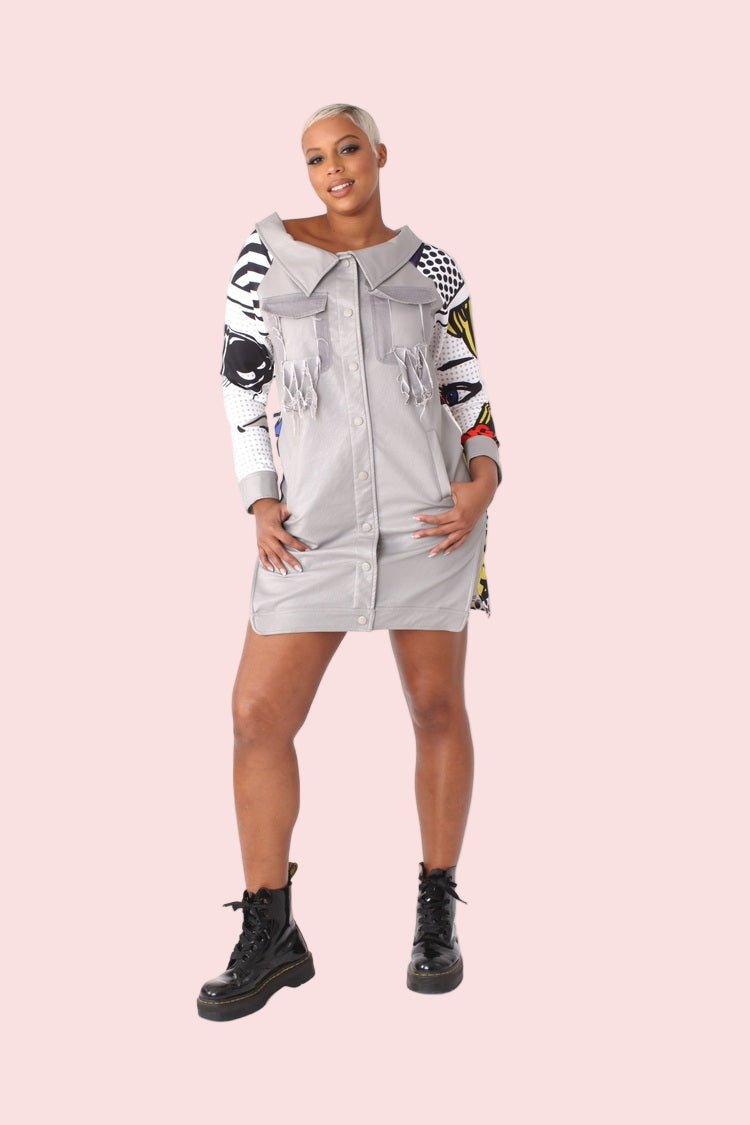 Leather and Printed Sleeve Long Jacket -81845 - Especially Yours