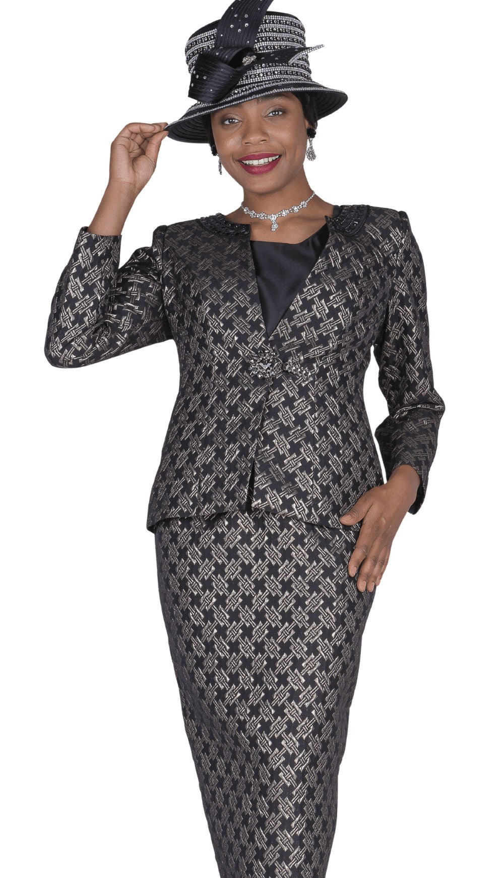 Champagne Italy 6304 - BK Elegant Patterned Skirt Suit with Rhinestone Clasp - Especially Yours