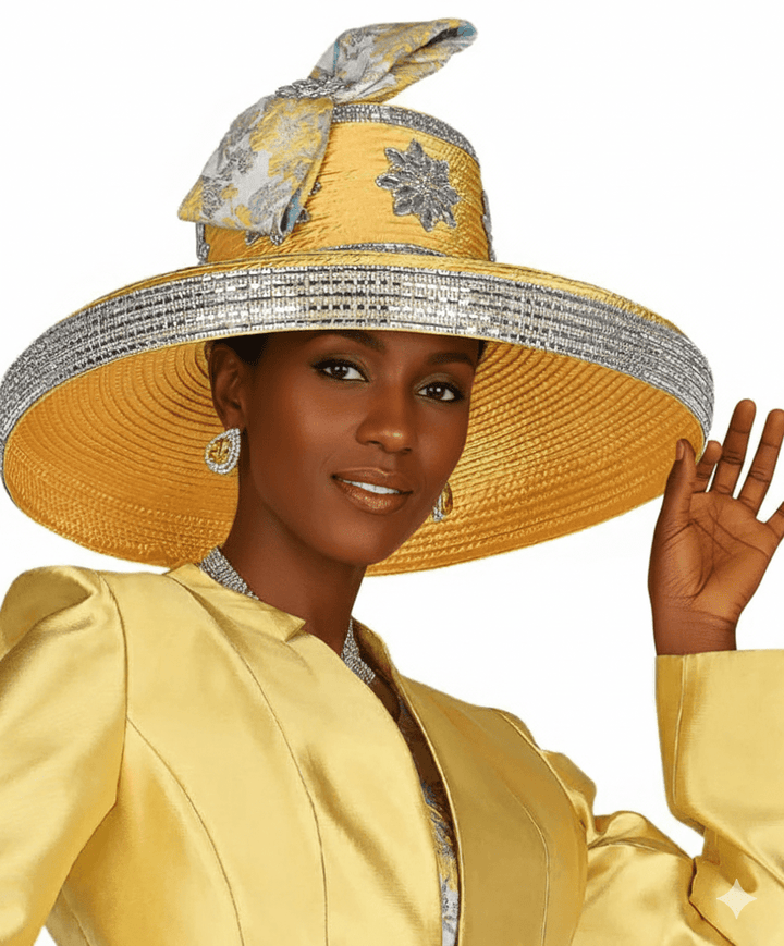 Elegant Gold Wide Brim Church Hat with Embellished Crown Style H6209 - GO - Especially Yours