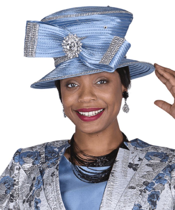 Elegant Blue Women's Church Hat with Rhinestone Brooch - Champagne Italy H6303 - Especially Yours