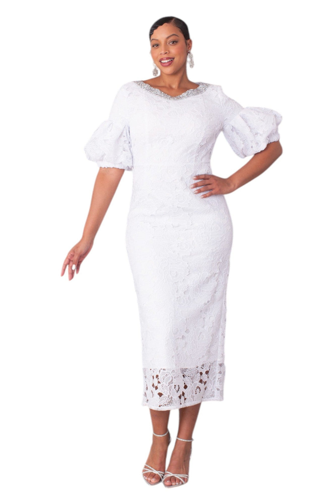 Lacy Dress with Puff Sleeves and Sparkling Neckline - 4888 - Especially Yours
