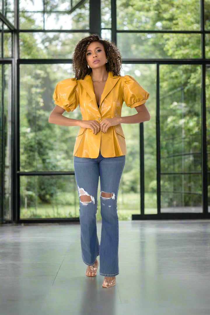 Leather Puff Sleeve Jacket 82029 – Chic Faux Leather Statement Jacket - Especially Yours