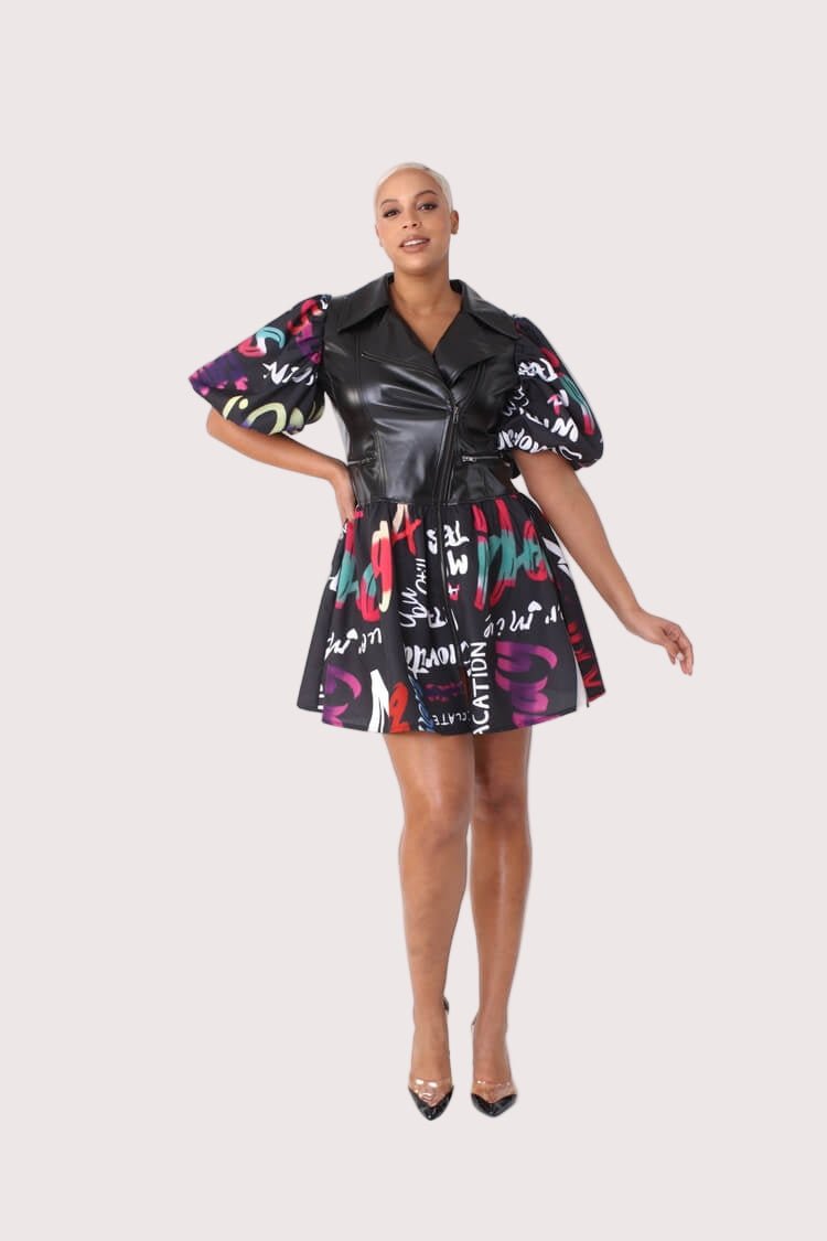 Leather Puff Sleeve Printed Dress - 82035 - Especially Yours