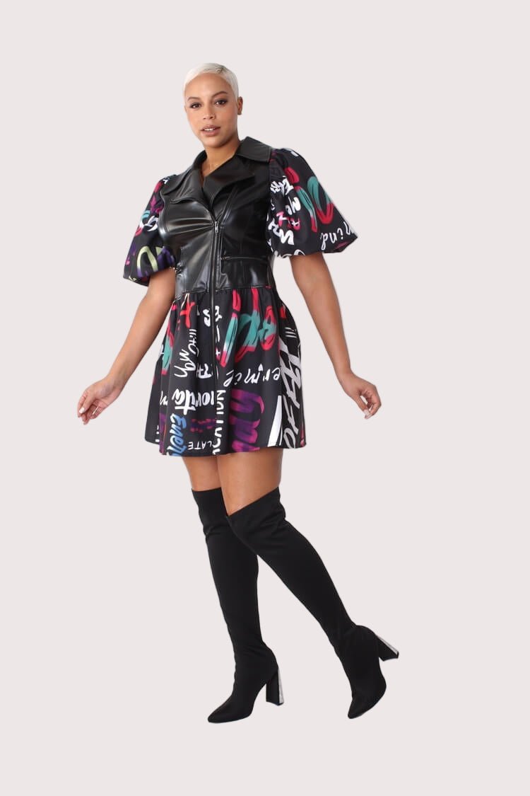 Leather Puff Sleeve Printed Dress - 82035 - Especially Yours