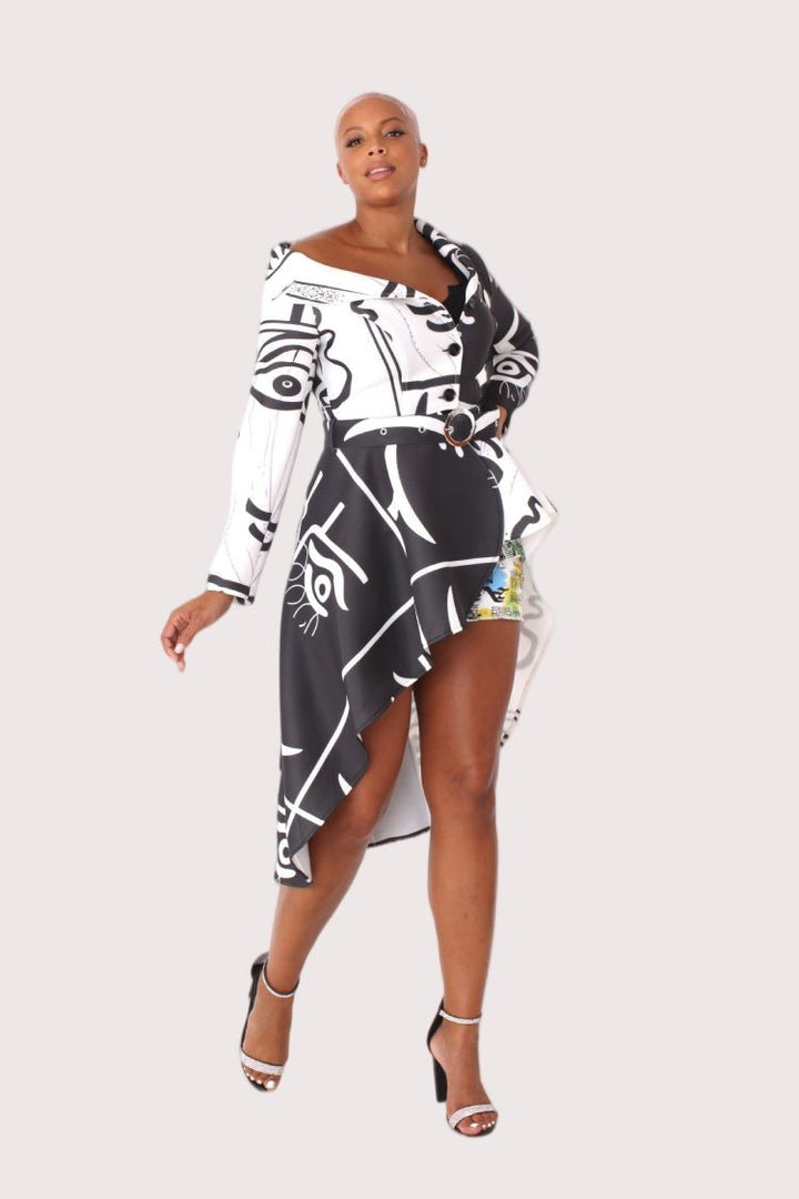 Long Scuba Abstraction Print Belted Jacket - 81973 - Especially Yours