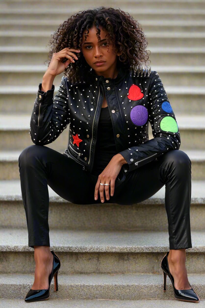Multi Colored Studded Leather Jacket -81752 - Especially Yours