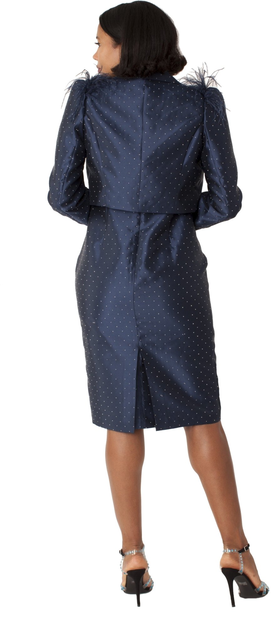 Navy Cocktail Dress and Jacket with Rhinestones & Feathered Shoulders White / 20 Navy Cocktail Dress and Jacket with Rhinestones & Feathered Shoulders White / 20