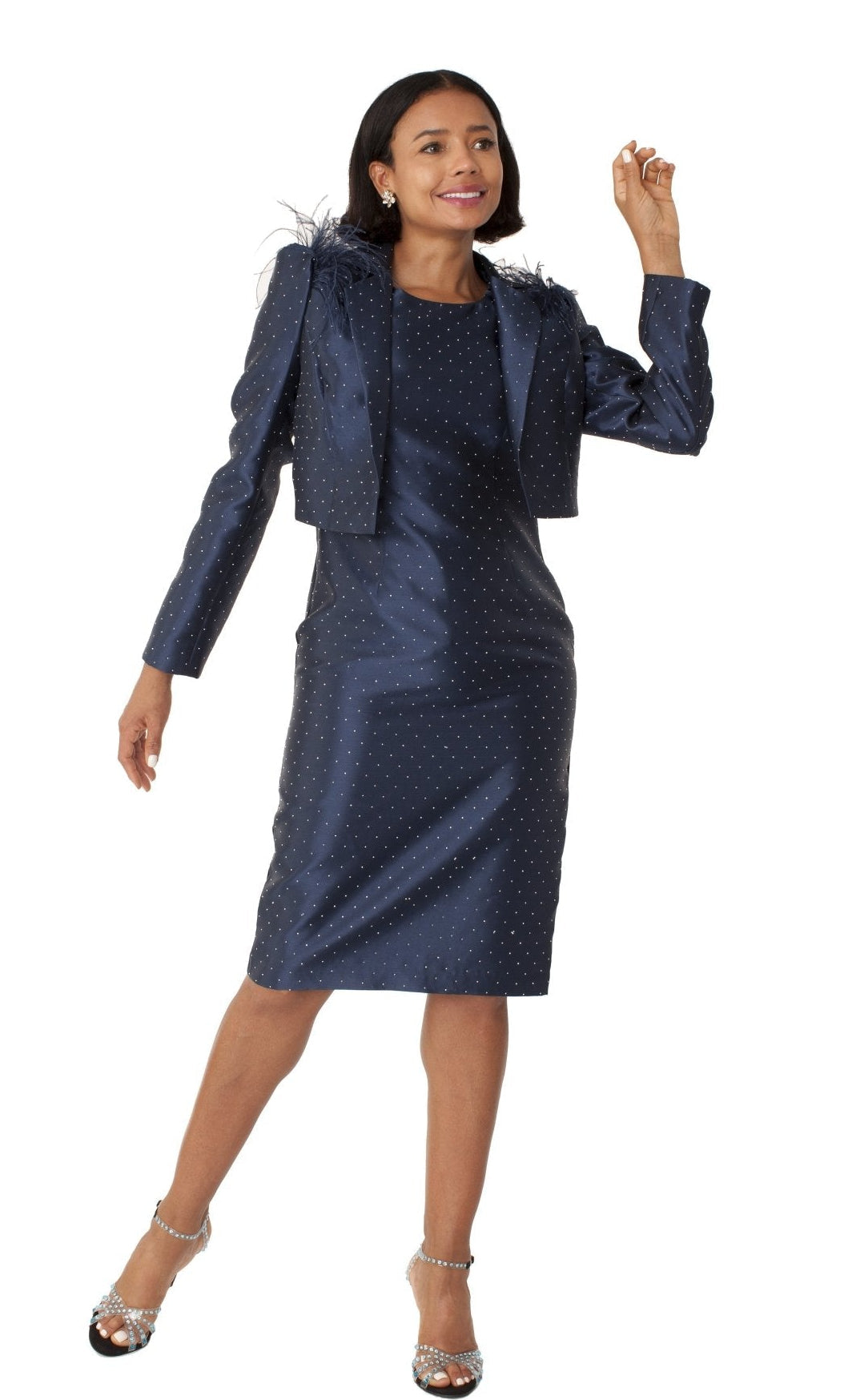 Navy Cocktail Dress and Jacket with Rhinestones & Feathered Shoulders White / 16
