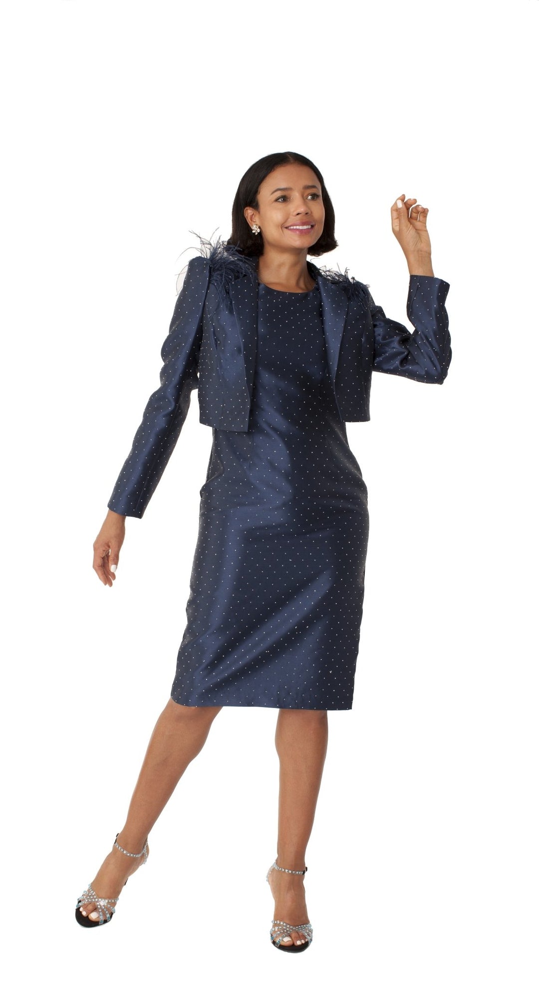 Navy Cocktail Dress and Jacket with Rhinestones & Feathered Shoulders - 9766 - Especially Yours