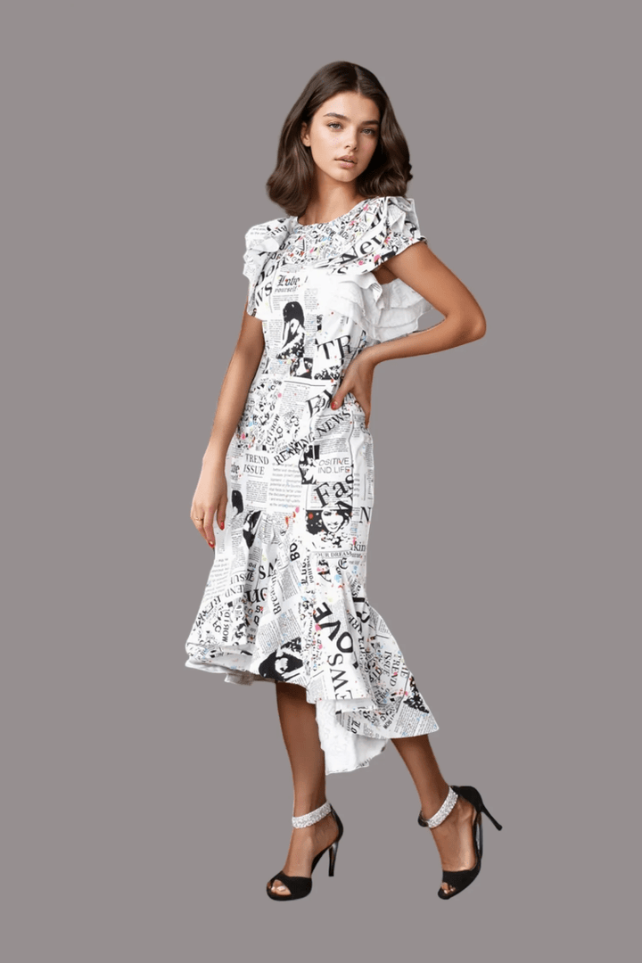 Newspaper Ruffle Midi Dress - 81921 - Especially Yours