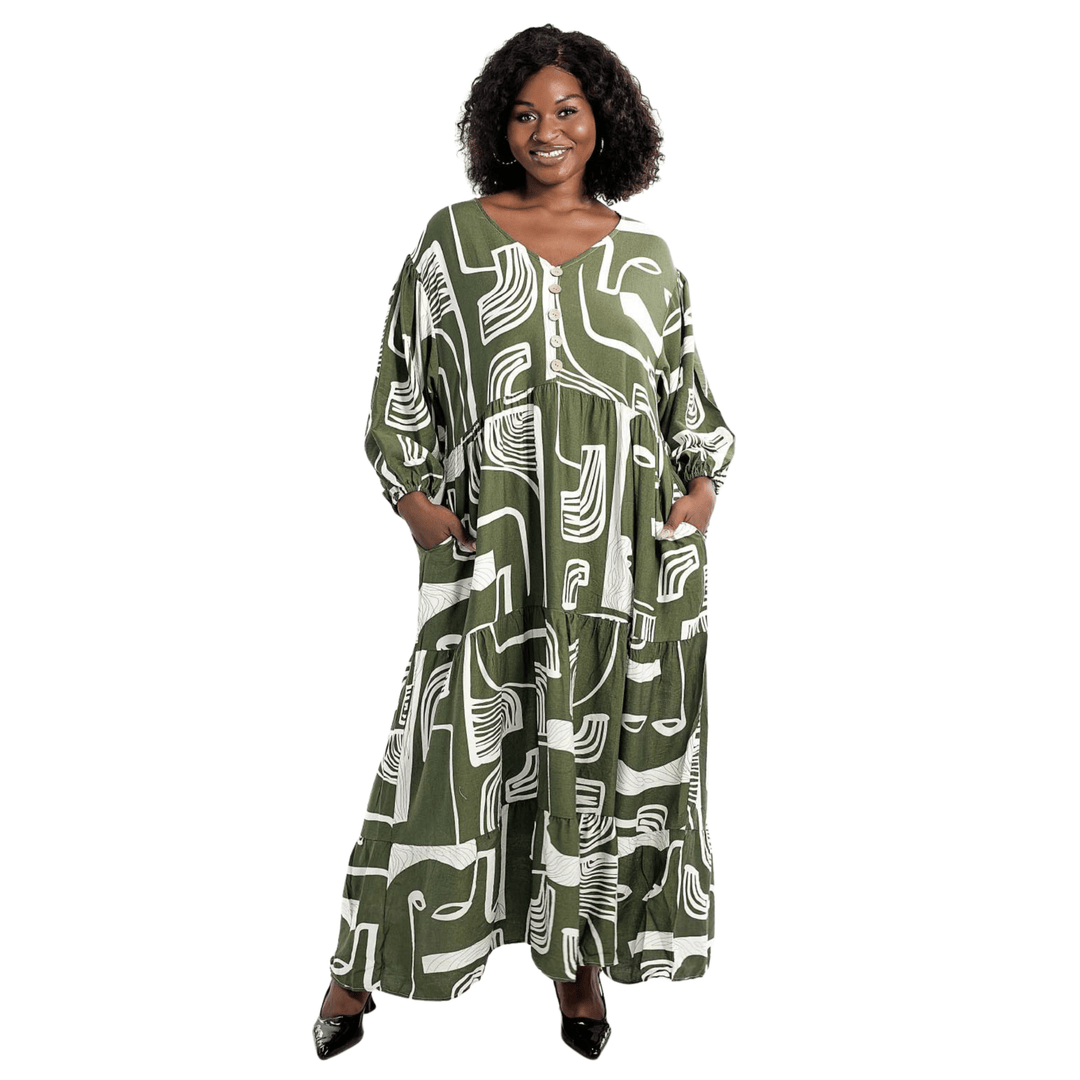 Abstract Face Motif Tiered Maxi Dress
