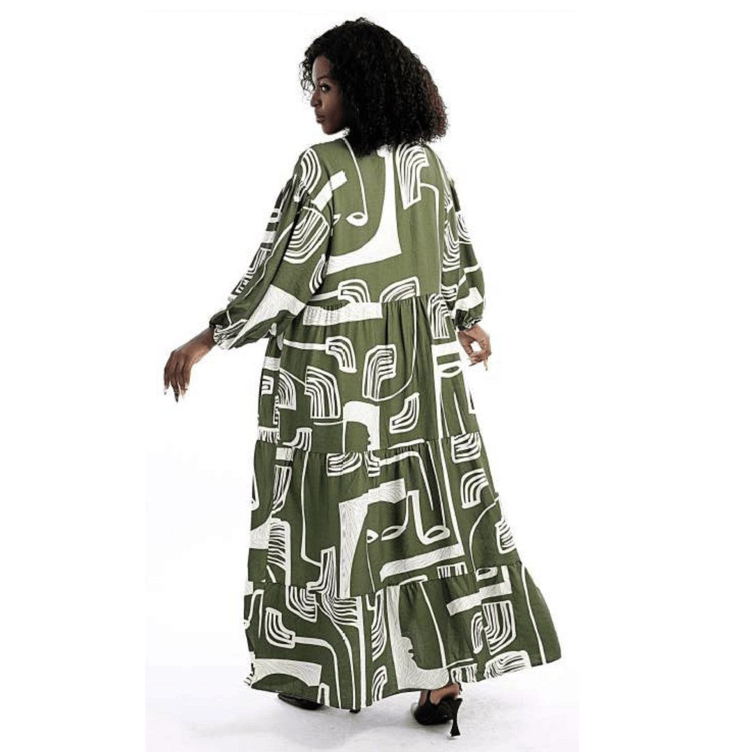 chinese dress ladies Abstract Face Motif Tiered Maxi Dress