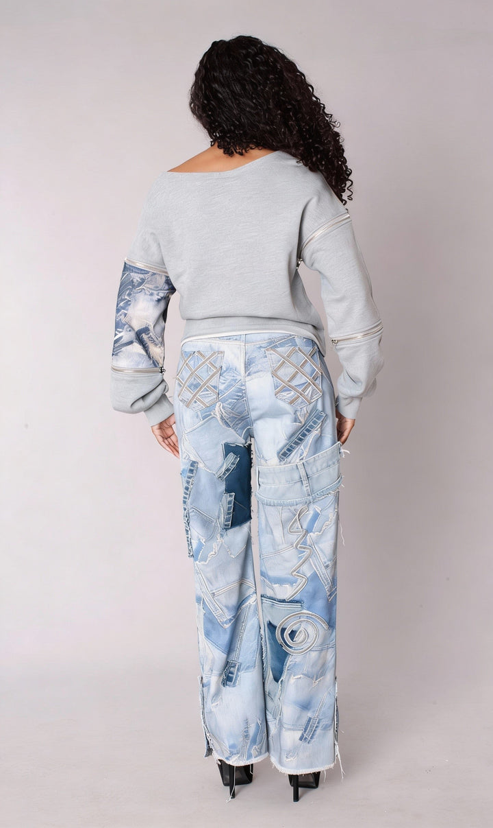 Patchwork Distressed Straight-Leg Denim Jeans - 82824