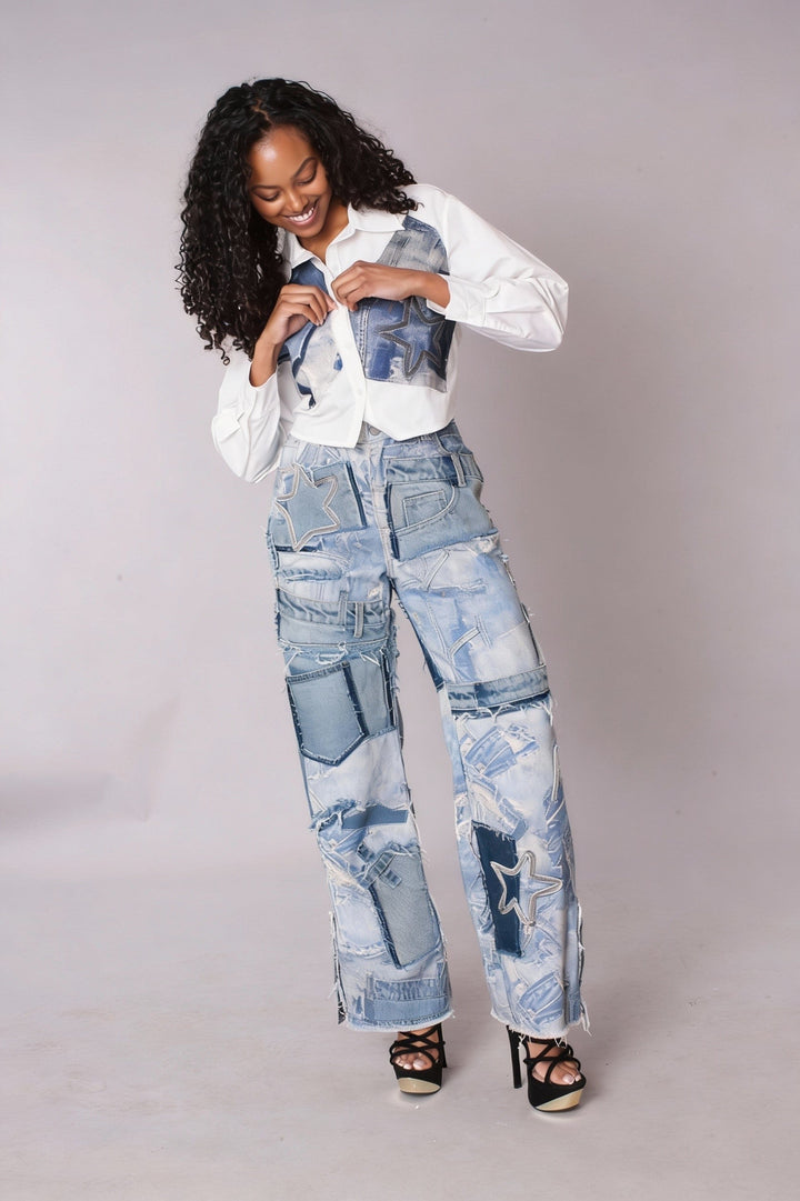 Patchwork Distressed Straight-Leg Denim Jeans - 82824