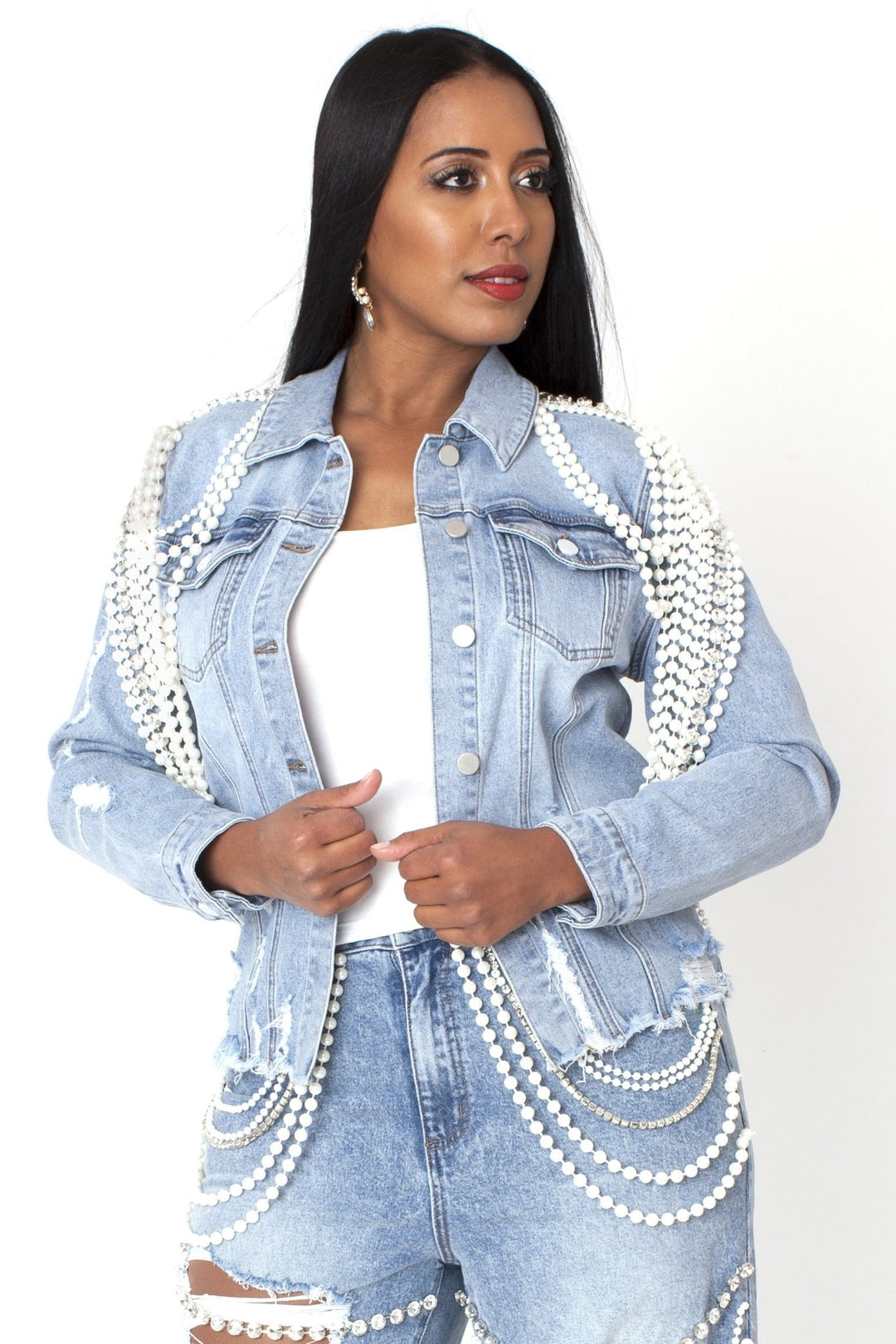 Distressed Pearl - Embellished Denim Jacket - 82925 - Especially Yours