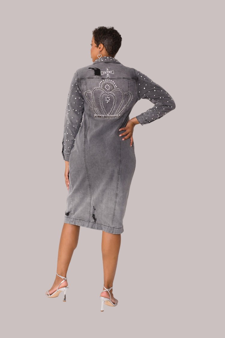 Pearl Embellished Grey Denim Midi Dress - 82681 - Especially Yours
