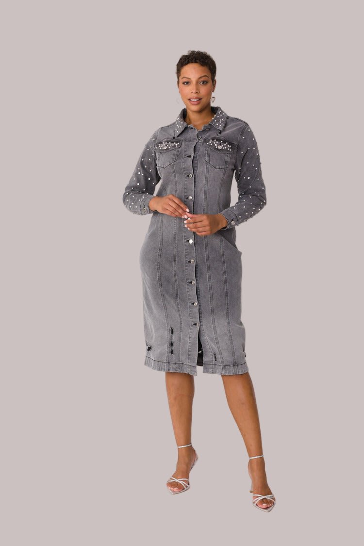 Pearl Embellished Grey Denim Midi Dress - 82681 - Especially Yours