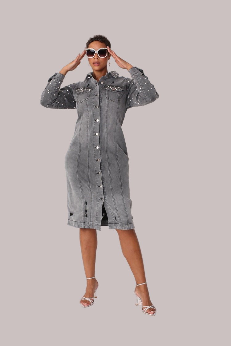 Pearl Embellished GREY Denim Midi Dress – Chic Look GREY / 2X