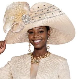 Peach Champagne Wide Brim Church Hat with Crystal & Feather Accents H6215 - Especially Yours