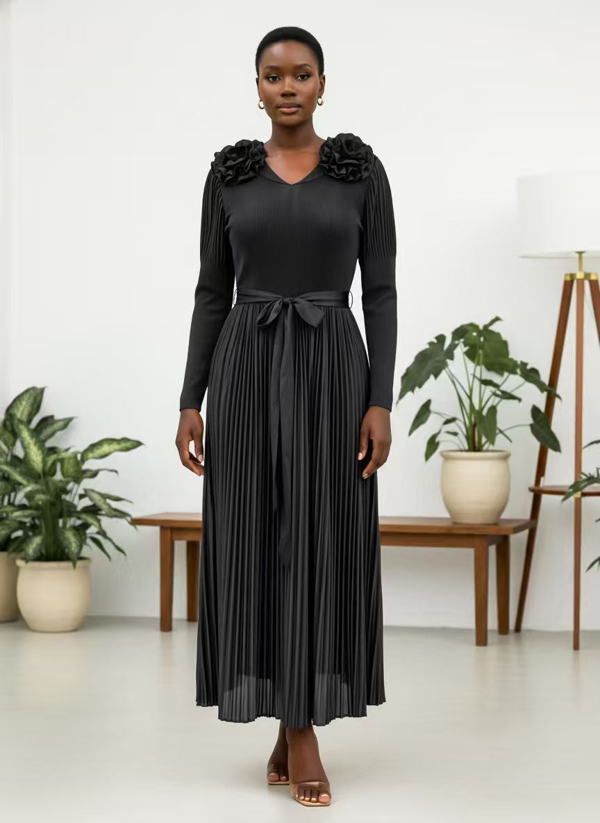 Pleated Rosette Shoulder Midi Dress - 83003