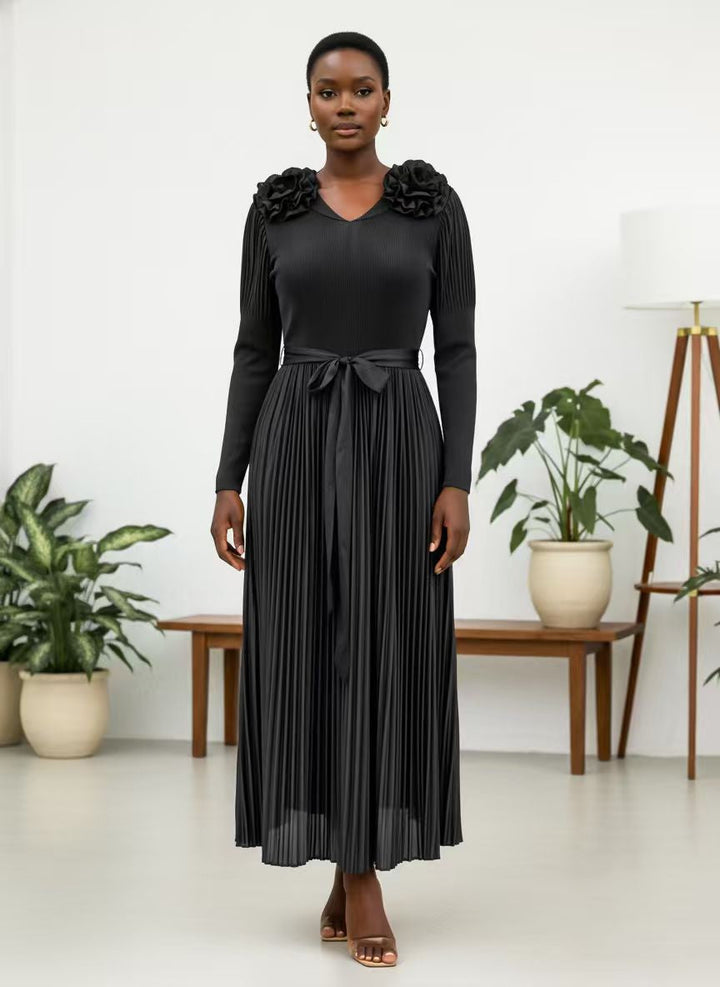 Pleated Rosette Shoulder Midi Dress - 83003