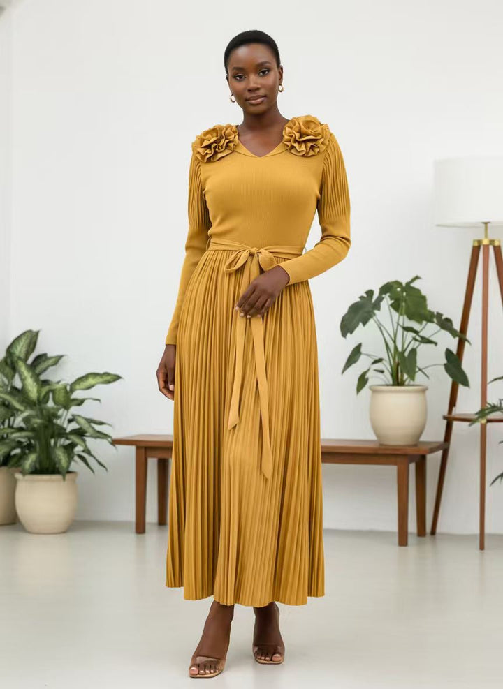 Pleated Rosette Shoulder Midi Dress - 83003