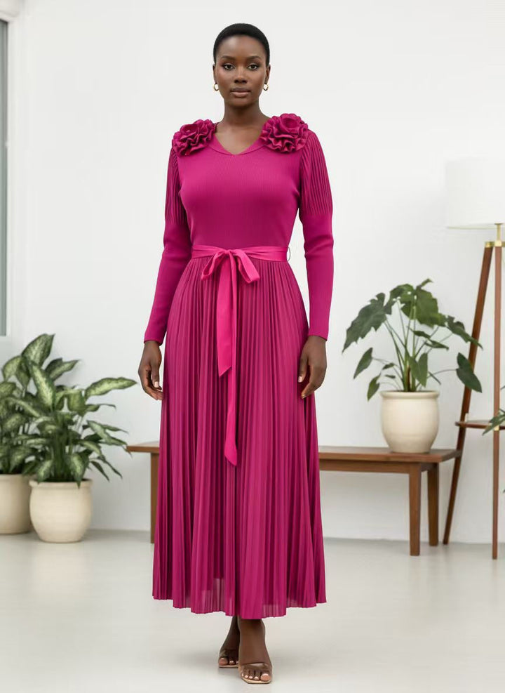 Pleated Rosette Shoulder Midi Dress - 83003