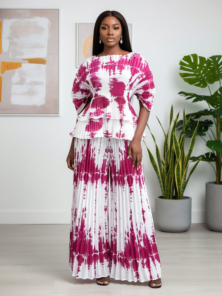 Pleated Tie-Dye Peplum Pantset - 82999