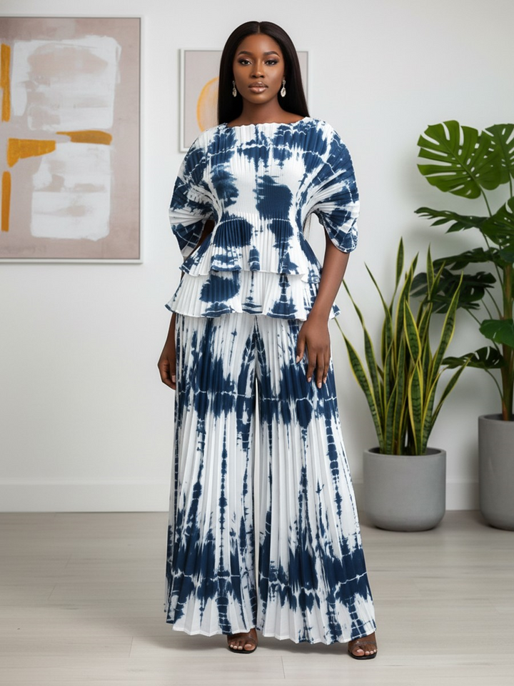 Pleated Tie-Dye Peplum Pantset - 82999