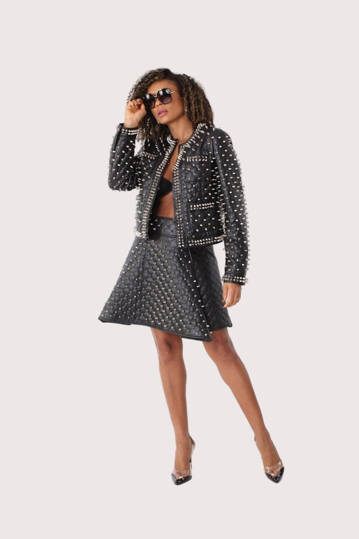 Pleather Quilted Flared Skirt with Studs - 81948 - Especially Yours
