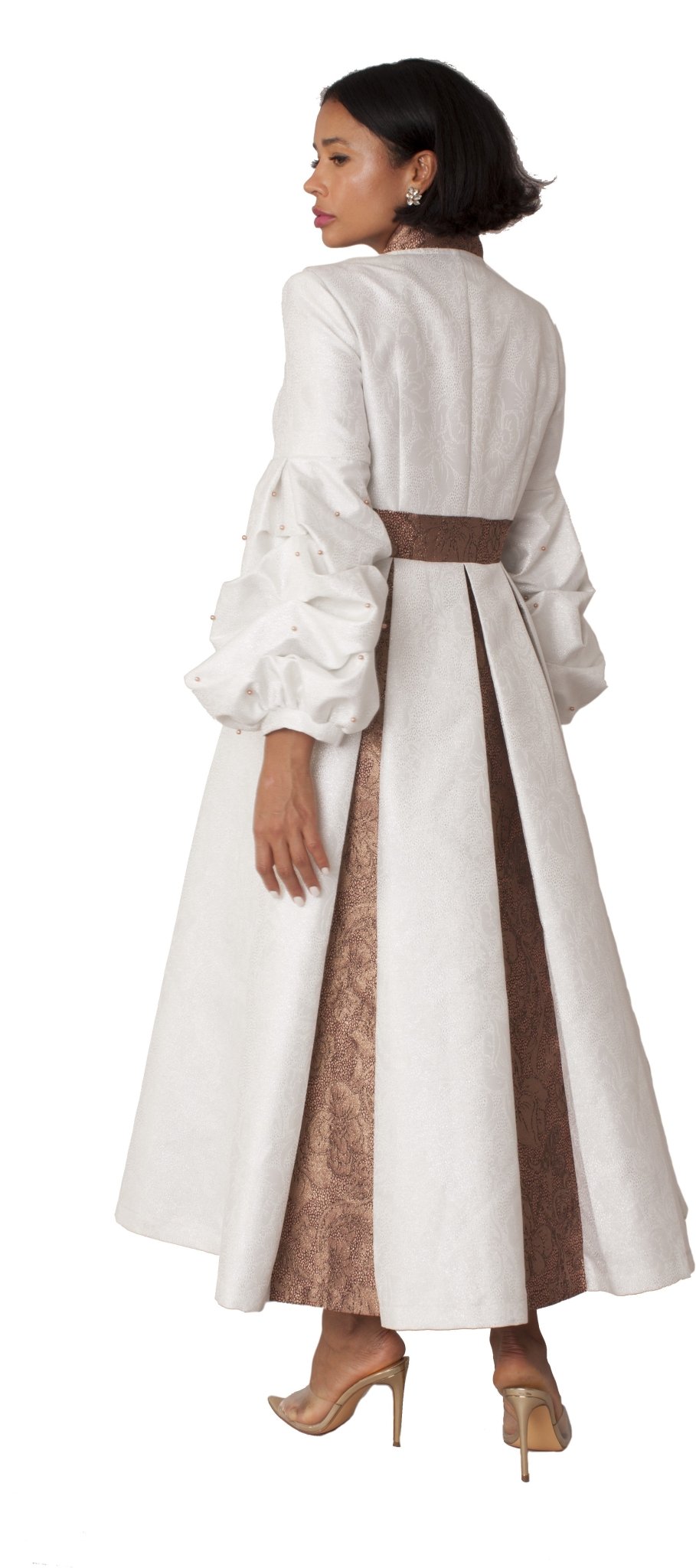 Plus Size Formal Church Coat Dress with Puff Sleeves and Pearl Cross WHITE/GOLD / 16W Plus Size Formal Church Coat Dress with Puff Sleeves and Pearl Cross WHITE/GOLD / 16W