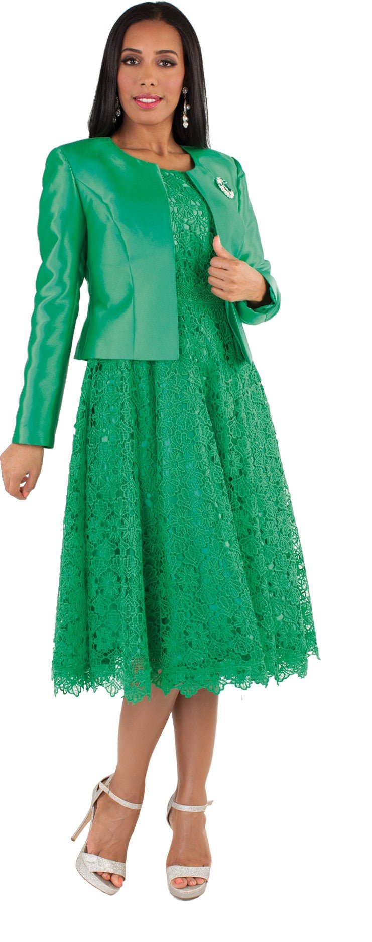 Plus Size Lace Church Dress with Satin Jacket -4529W White / 22W