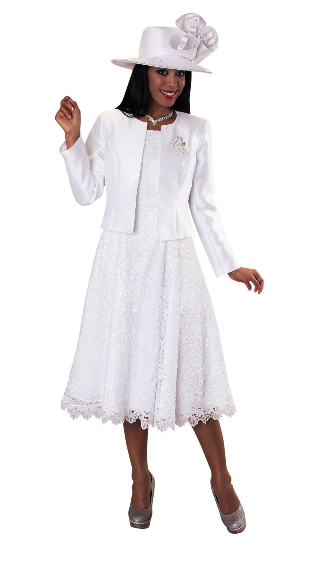 Plus Size Lace Church Dress with Satin Jacket -4529W White / 22W Plus Size Lace Church Dress with Satin Jacket -4529W White / 22W