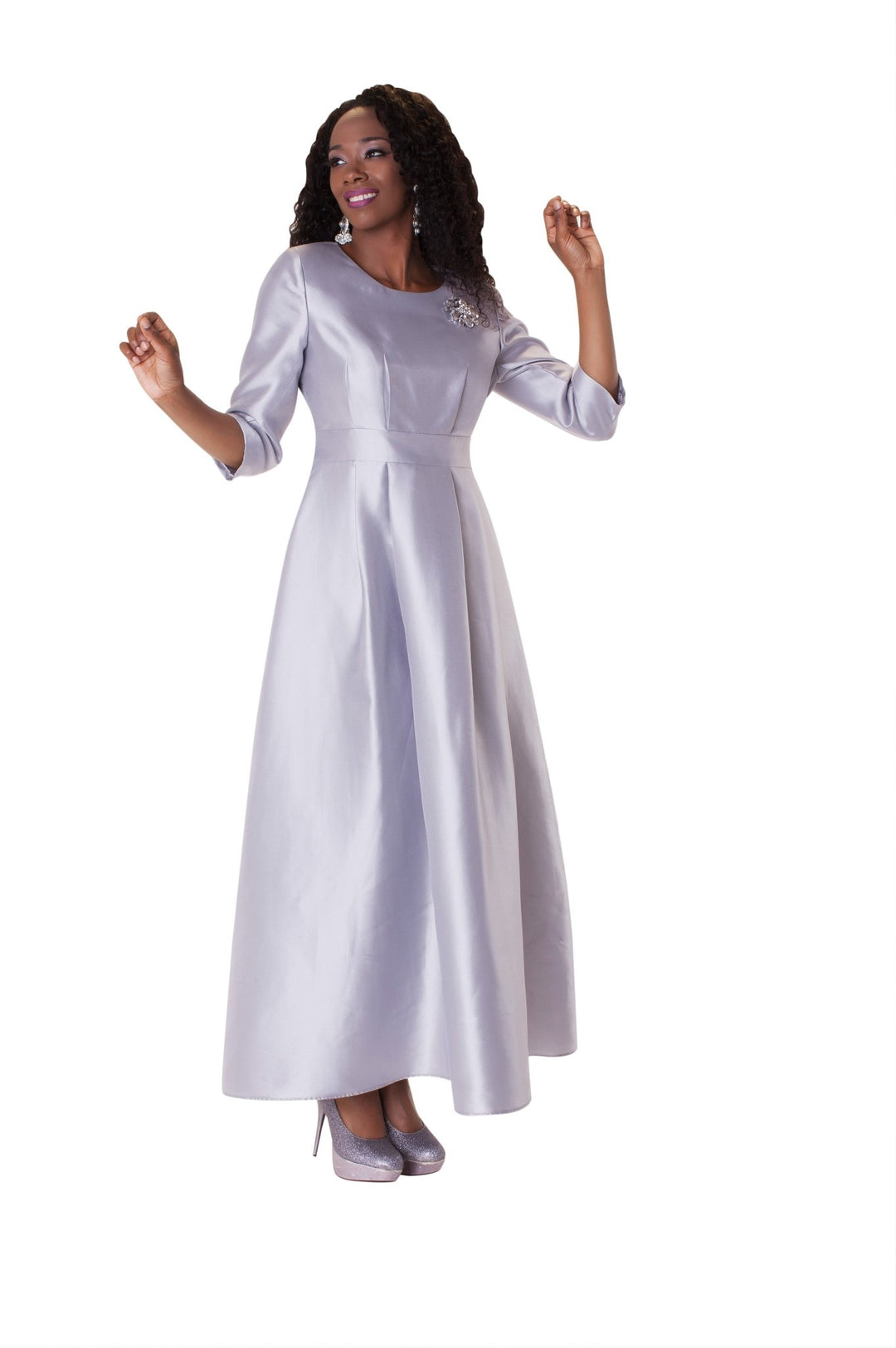 Plus Size Satin Dress with Rhinestone Brooch - 4497W - Especially Yours