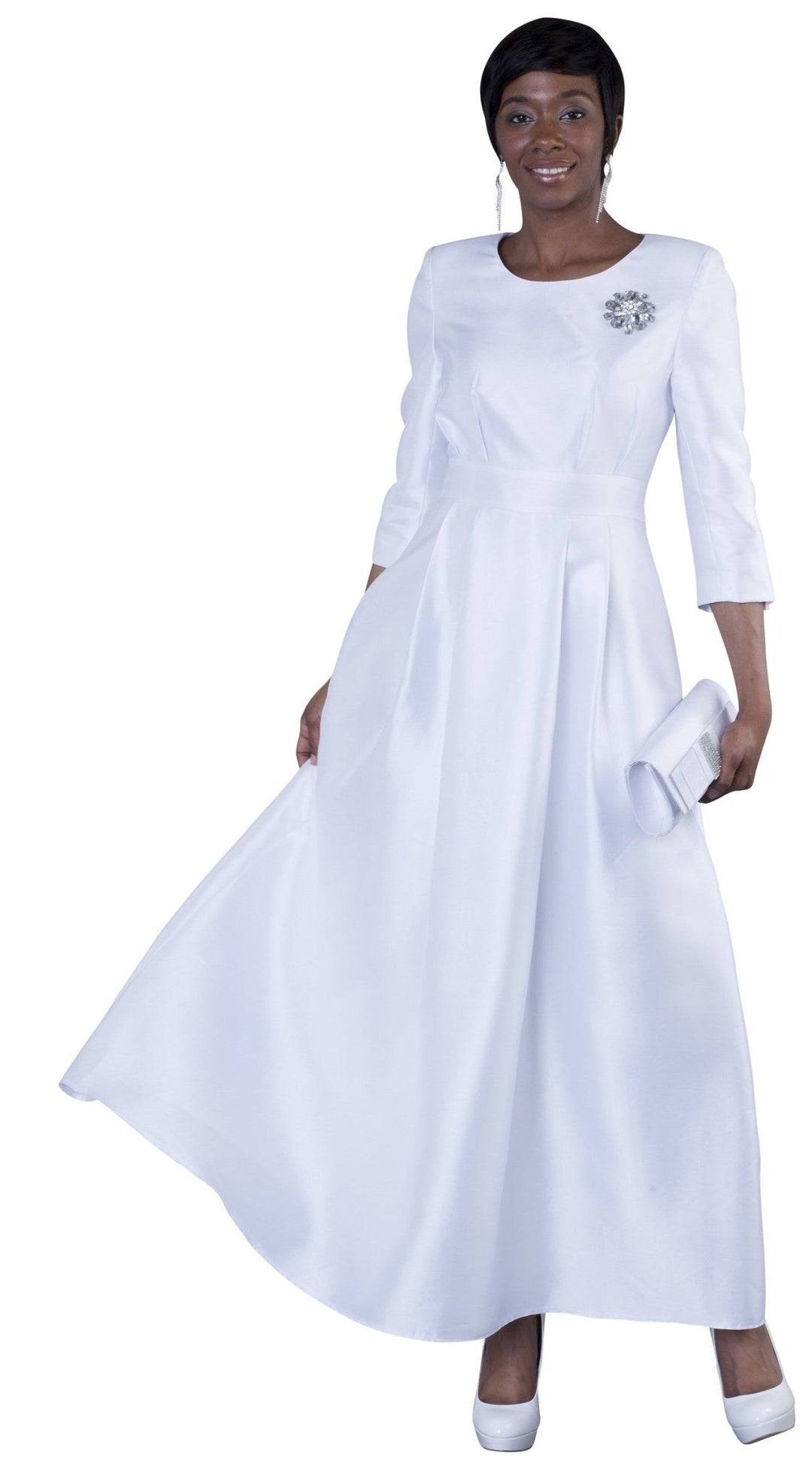 Plus Size Satin Dress with Rhinestone Brooch - 4497W - Especially Yours