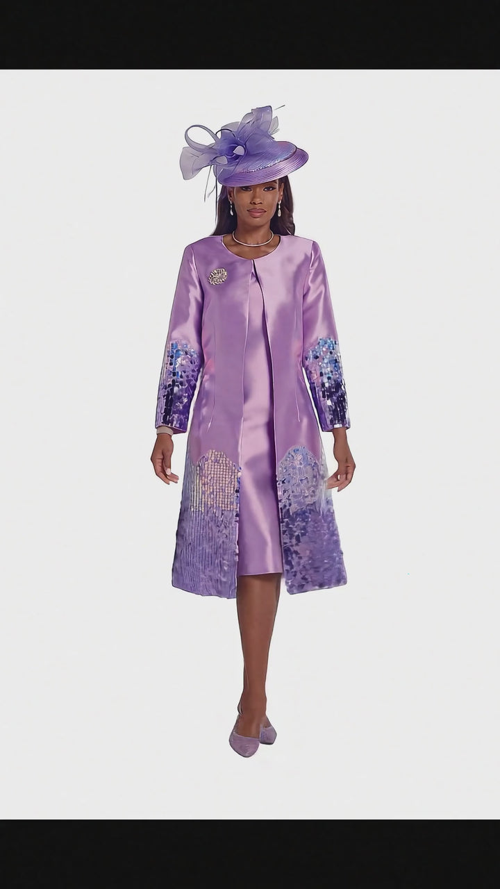Elegant church suits for ladies featuring a sequined jacket and jewel brooch.